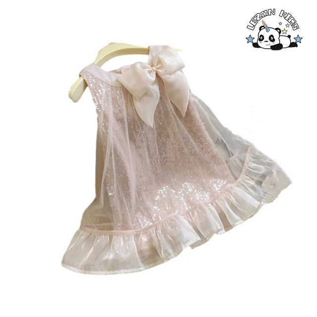 LEZONKIDS - Customize Kids Summer Sleeveless Dress 2023 New Girl Pink Bow Sequin Princess Dresses